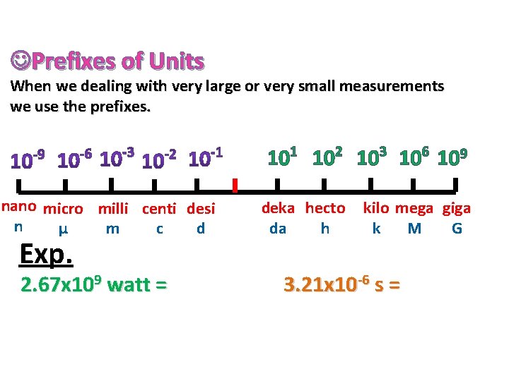  Prefixes of Units When we dealing with very large or very small measurements