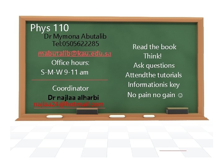Phys 110 Dr Mymona Abutalib Tel: 0505622285 mabutalib@kau. edu. sa Office hours: S-M-W 9