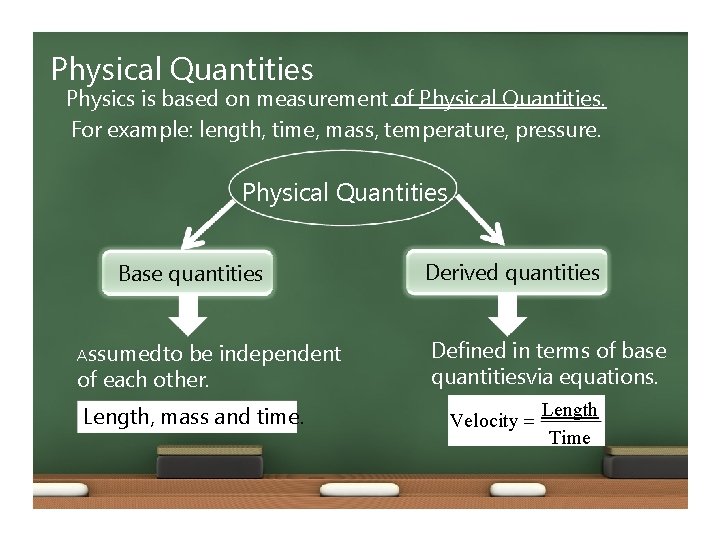 Physical Quantities Physics is based on measurement of Physical Quantities. For example: length, time,