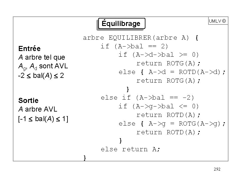 Équilibrage Entrée A arbre tel que Ag, Ad sont AVL -2 £ bal(A) £