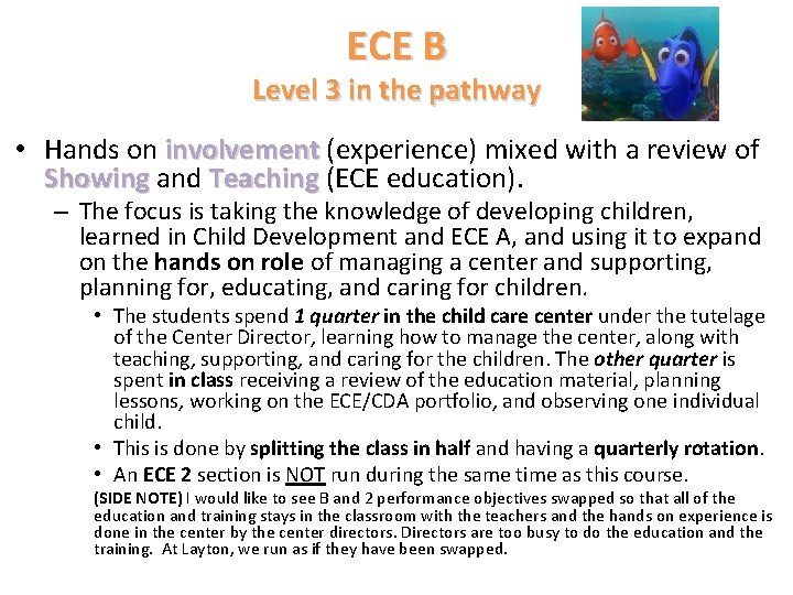 ECE B Level 3 in the pathway • Hands on involvement (experience) mixed with