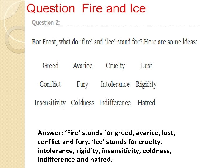 Question Fire and Ice Answer: ‘Fire’ stands for greed, avarice, lust, conflict and fury.