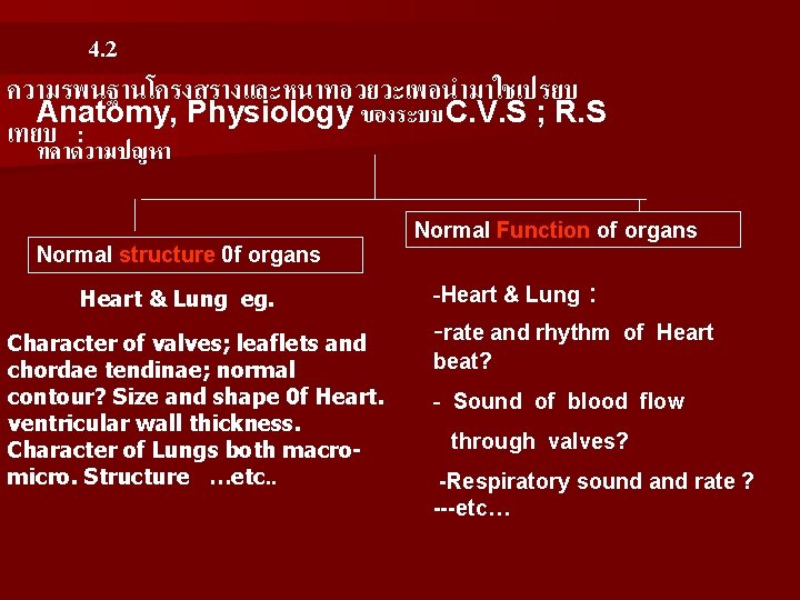 4. 2 ความรพนฐานโครงสรางและหนาทอวยวะเพอนำมาใชเปรยบ Anatomy, Physiology ของระบบC. V. S ; R. S เทยบ : ทคาดวามปญหา