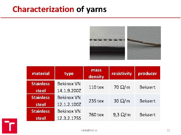 Characterization of yarns mass density material type Stainless steel Bekinox VN 14. 1. 9.