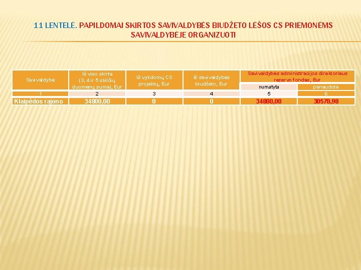 11 LENTELĖ. PAPILDOMAI SKIRTOS SAVIVALDYBĖS BIUDŽETO LĖŠOS CS PRIEMONĖMS SAVIVALDYBĖJE ORGANIZUOTI 1 Iš viso