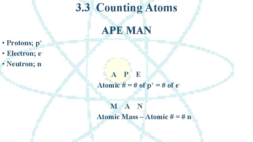 3. 3 Counting Atoms APE MAN • Protons; p+ • Electron; e • Neutron;