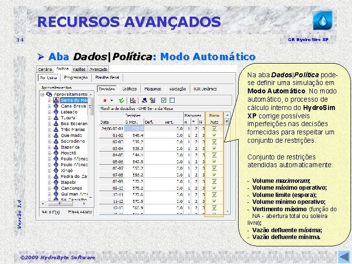 RECURSOS AVANÇADOS 34 GR Hydro. Sim XP Ø Aba Dados|Política: Modo Automático Na aba