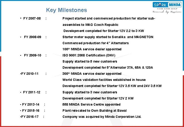 Key Milestones • FY 2007 -08 : Project started and commenced production for starter