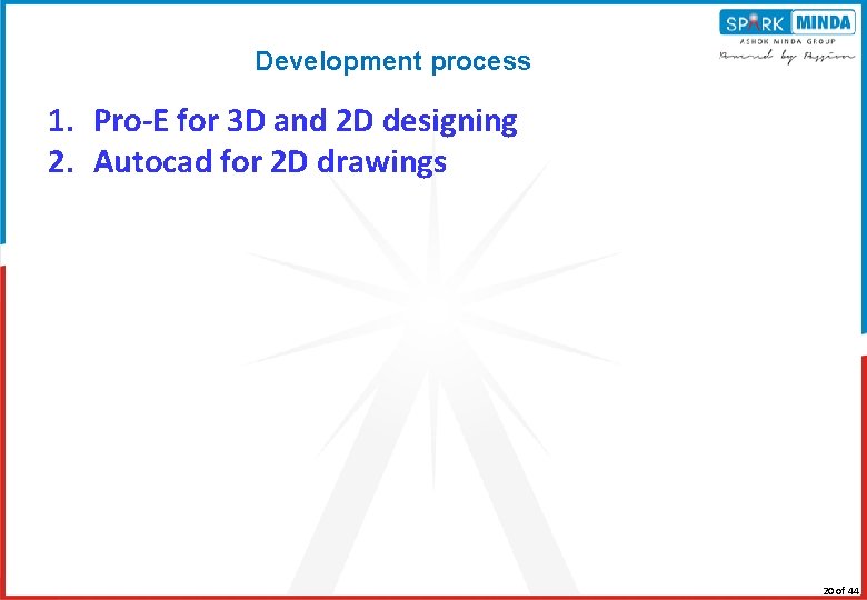 Development process 1. Pro-E for 3 D and 2 D designing 2. Autocad for