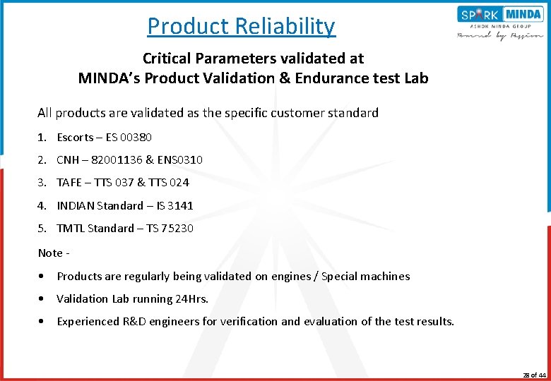 Product Reliability Critical Parameters validated at MINDA’s Product Validation & Endurance test Lab All