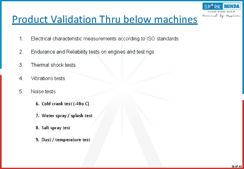 Product Validation Thru below machines 1. Electrical characteristic measurements according to ISO standards 2.