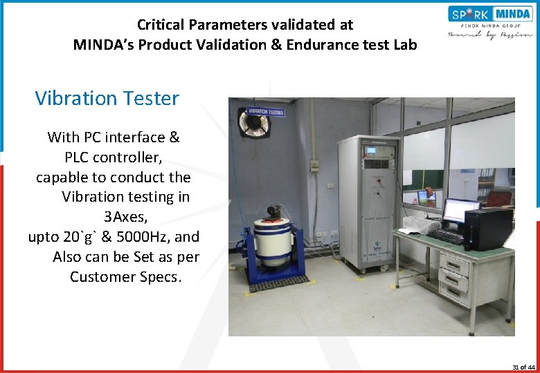 Critical Parameters validated at MINDA’s Product Validation & Endurance test Lab Vibration Tester With