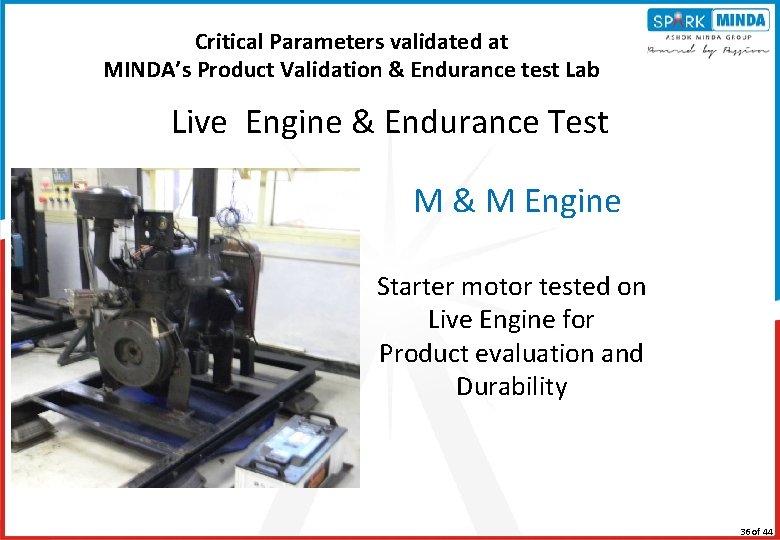 Critical Parameters validated at MINDA’s Product Validation & Endurance test Lab Live Engine &