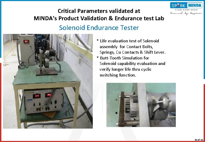 Critical Parameters validated at MINDA’s Product Validation & Endurance test Lab Solenoid Endurance Tester