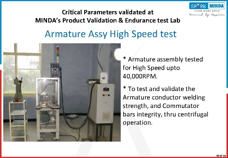 Critical Parameters validated at MINDA’s Product Validation & Endurance test Lab Armature Assy High