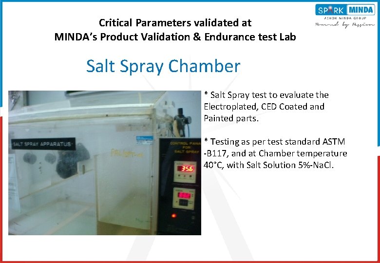 Critical Parameters validated at MINDA’s Product Validation & Endurance test Lab Salt Spray Chamber
