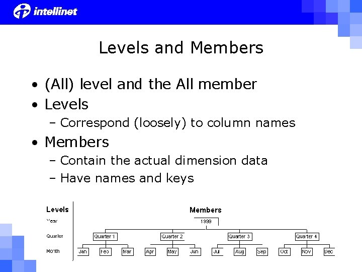 Levels and Members • (All) level and the All member • Levels – Correspond