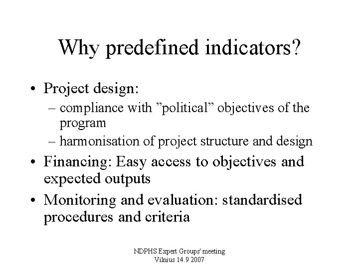 Proposal for indicators for projects submitted and implemented