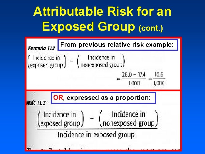 Attributable Risk for an Exposed Group (cont. ) From previous relative risk example: OR,