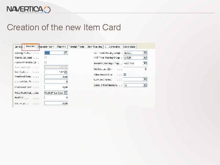 Creation of the new Item Card 