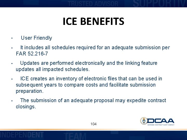 ICE BENEFITS • User Friendly • It includes all schedules required for an adequate