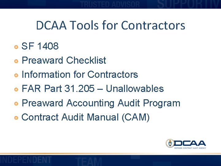 DCAA Tools for Contractors SF 1408 Preaward Checklist Information for Contractors FAR Part 31.