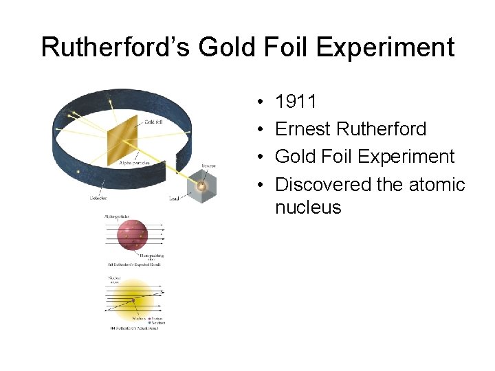 Rutherford’s Gold Foil Experiment • • 1911 Ernest Rutherford Gold Foil Experiment Discovered the