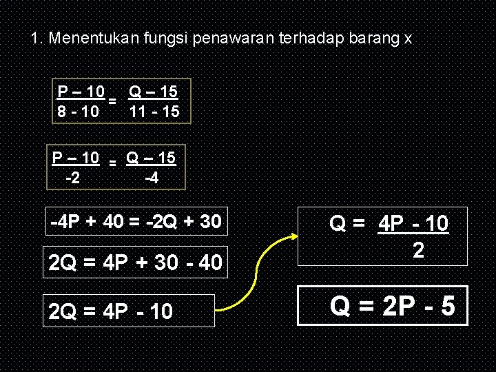 1. Menentukan fungsi penawaran terhadap barang x P – 10 Q – 15 =