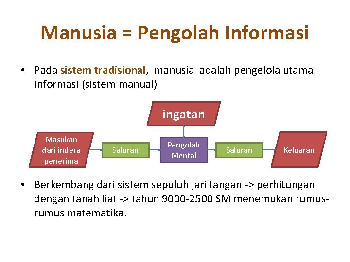 Manusia = Pengolah Informasi • Pada sistem tradisional, manusia adalah pengelola utama informasi (sistem