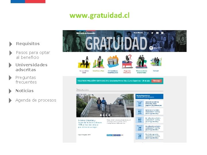 www. gratuidad. cl Requisitos Pasos para optar al beneficio Universidades adscritas Preguntas frecuentes Noticias