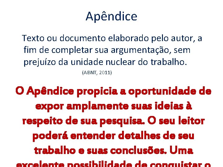 Apêndice Texto ou documento elaborado pelo autor, a fim de completar sua argumentação, sem