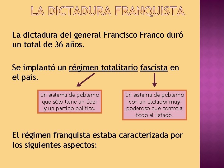 La dictadura del general Francisco Franco duró un total de 36 años. Se implantó