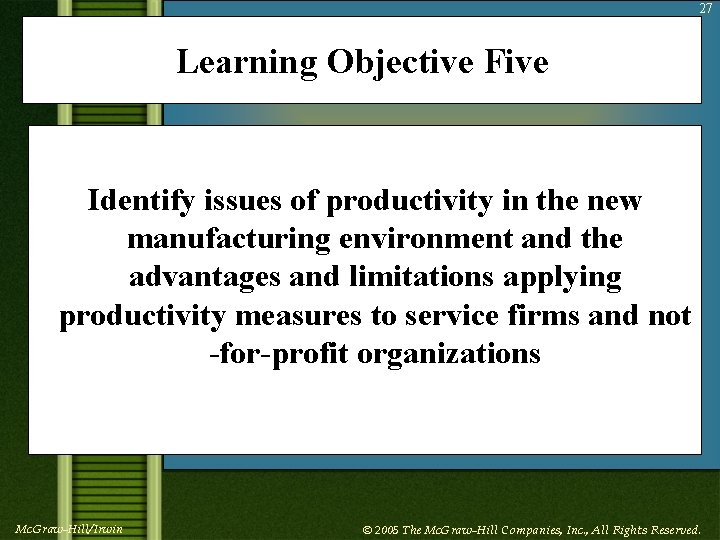 27 Learning Objective Five Identify issues of productivity in the new manufacturing environment and