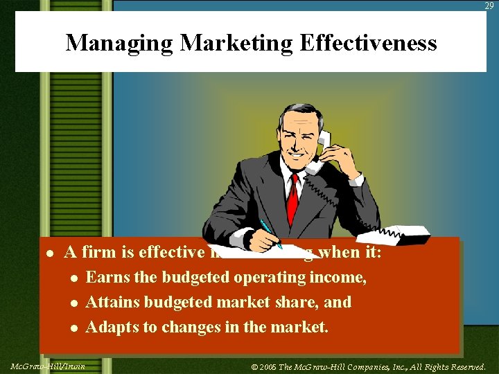 29 Managing Marketing Effectiveness l A firm is effective in marketing when it: l