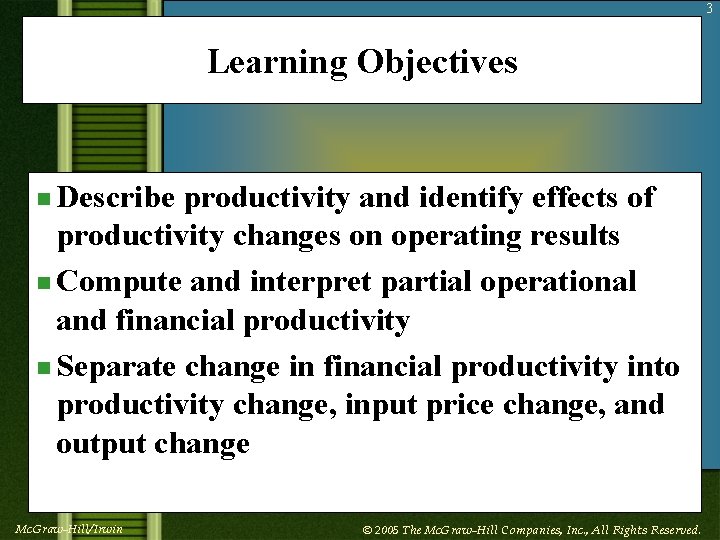 3 Learning Objectives n Describe productivity and identify effects of productivity changes on operating