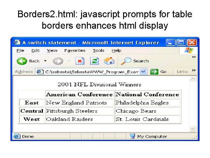 Borders 2. html: javascript prompts for table borders enhances html display 