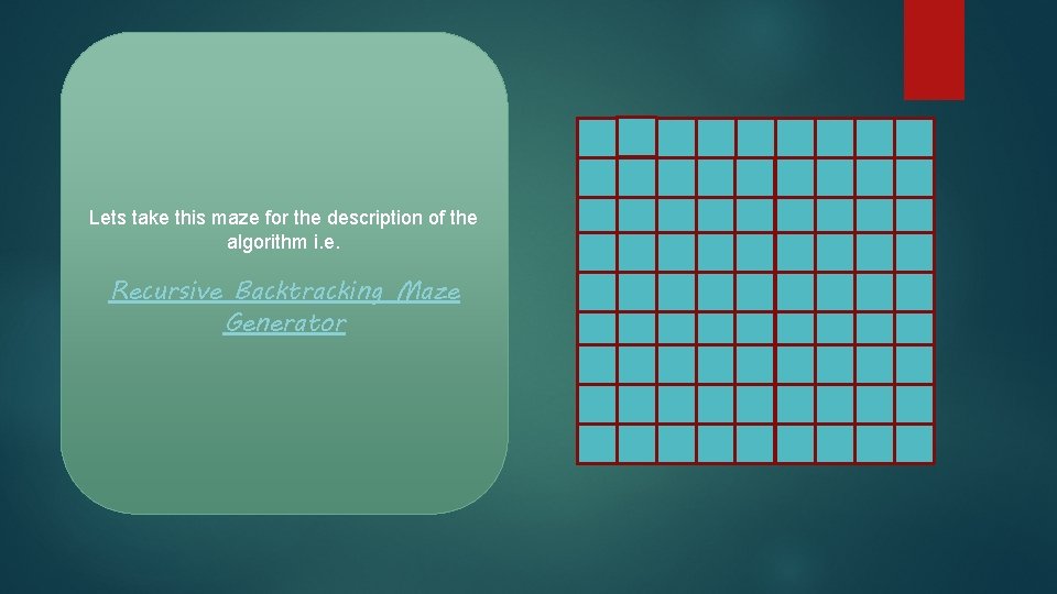 Lets take this maze for the description of the algorithm i. e. Recursive Backtracking