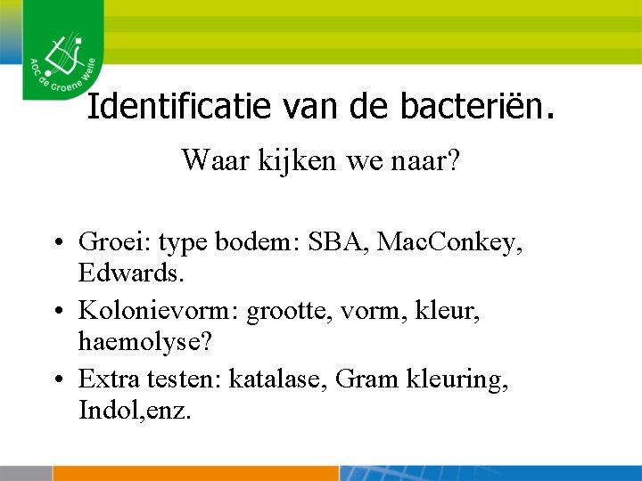 Identificatie van de bacteriën. Waar kijken we naar? • Groei: type bodem: SBA, Mac.