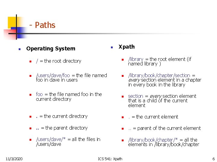 - Paths n 11/3/2020 Operating System n Xpath /library = the root element (if