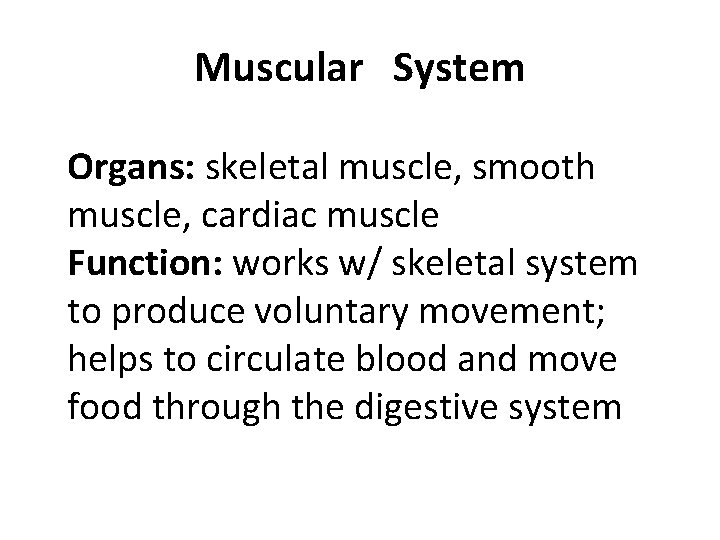 Muscular System Organs: skeletal muscle, smooth muscle, cardiac muscle Function: works w/ skeletal system