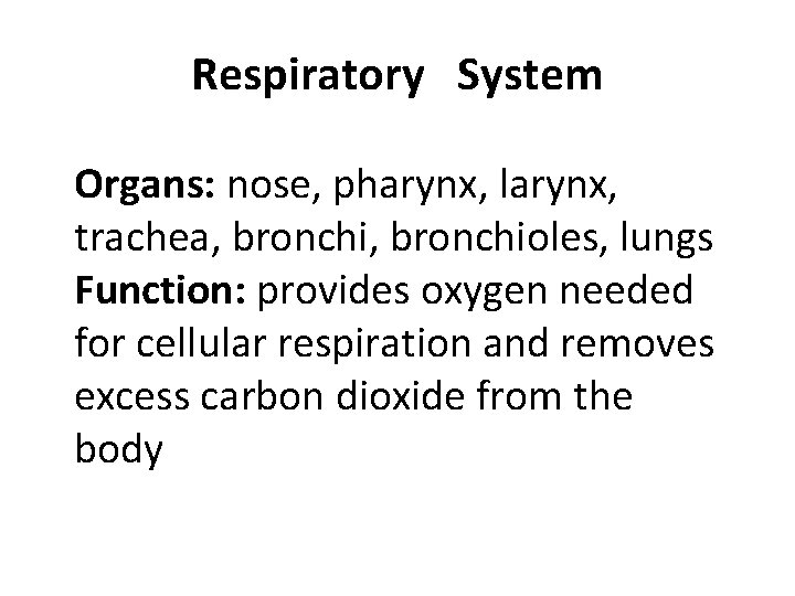 Respiratory System Organs: nose, pharynx, larynx, trachea, bronchioles, lungs Function: provides oxygen needed for