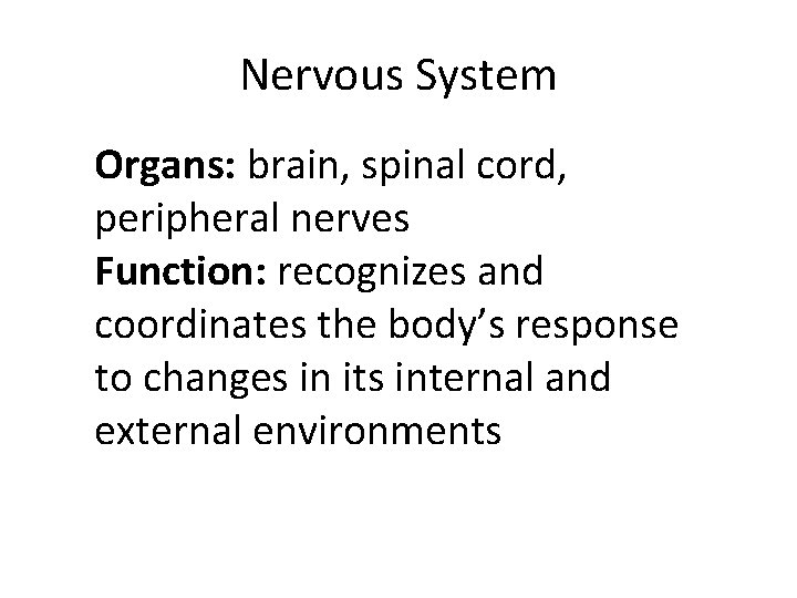 Nervous System Organs: brain, spinal cord, peripheral nerves Function: recognizes and coordinates the body’s
