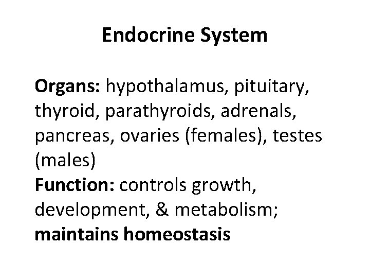 Endocrine System Organs: hypothalamus, pituitary, thyroid, parathyroids, adrenals, pancreas, ovaries (females), testes (males) Function:
