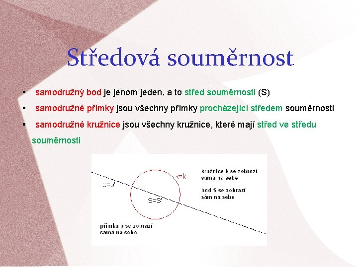 Středová souměrnost samodružný bod je jenom jeden, a to střed souměrnosti (S) samodružné přímky