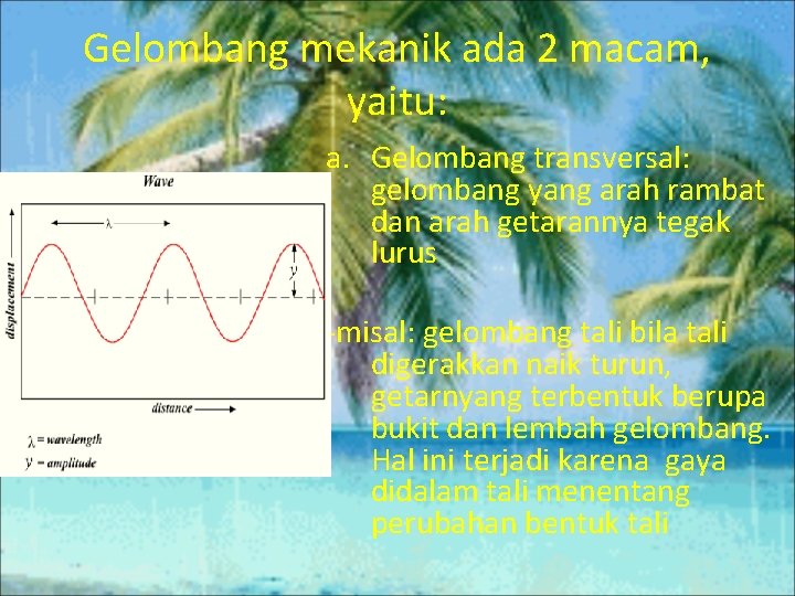 Gelombang mekanik ada 2 macam, yaitu: a. Gelombang transversal: gelombang yang arah rambat dan