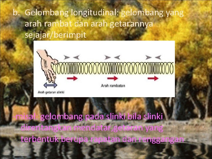 b. Gelombang longitudinal: gelombang yang arah rambat dan arah getarannya sejajar/berimpit -misal: gelombang pada