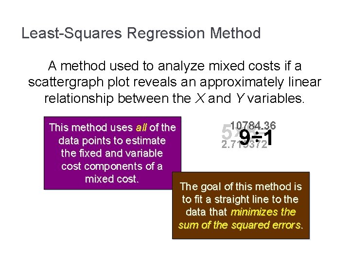 Least-Squares Regression Method A method used to analyze mixed costs if a scattergraph plot