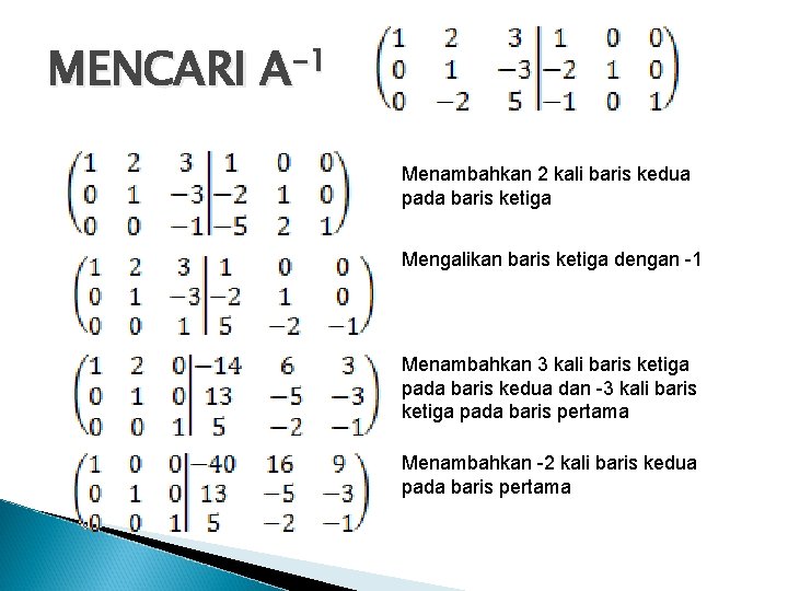 MENCARI A-1 Menambahkan 2 kali baris kedua pada baris ketiga Mengalikan baris ketiga dengan