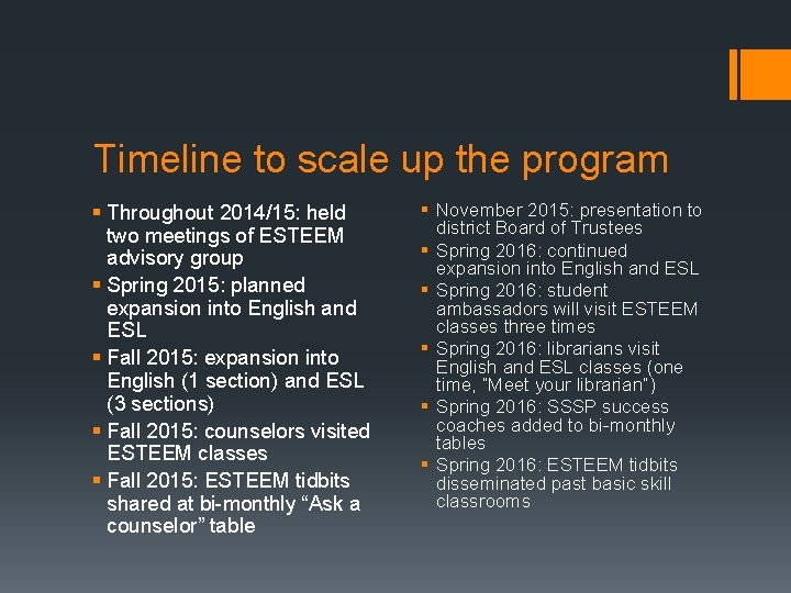 Timeline to scale up the program § Throughout 2014/15: held two meetings of ESTEEM