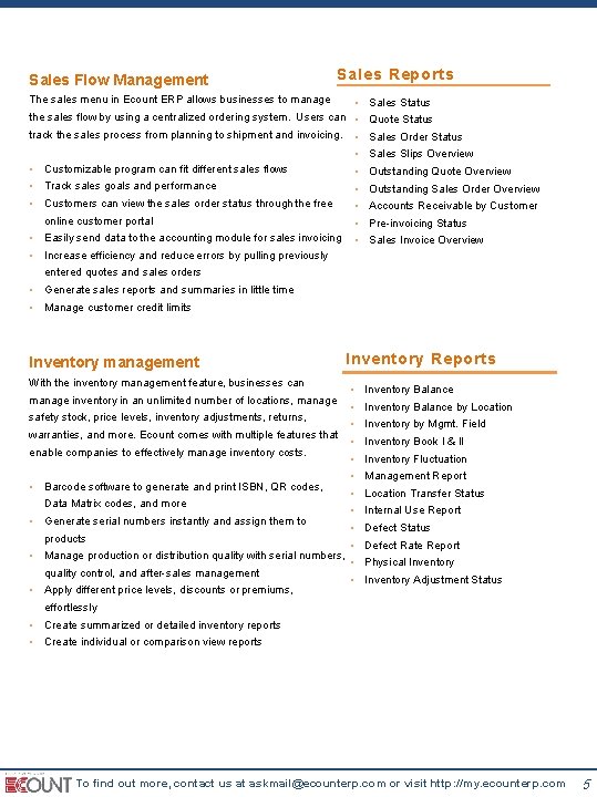 Sales Flow Management Sales Reports The sales menu in Ecount ERP allows businesses to